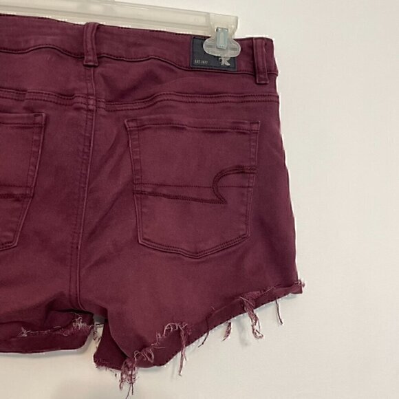 AMERICAN EAGLE Super Stretch Hi-Rise Shortie Burgundy Maroon Red Raw Hem Shorts - Picture 15 of 15